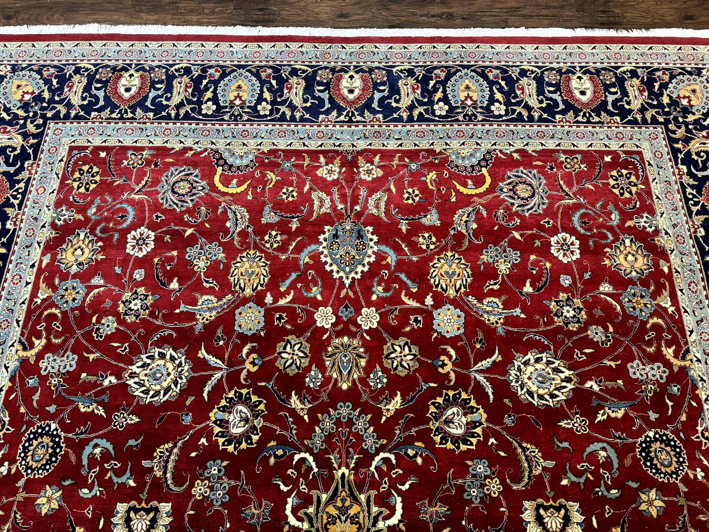 Hand Knotted Persian Rug 9x12 Red Navy Blue Floral Wool Vintage 260 KPSI Carpet
