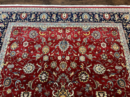 Hand Knotted Persian Rug 9x12 Red Navy Blue Floral Wool Vintage 260 KPSI Carpet