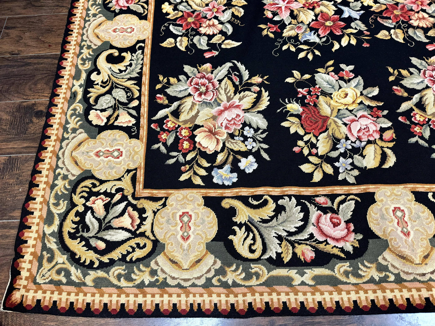 Palace Size Needlepoint Rug 12x16 Handmade Wool Floral Panel Black and Colorful