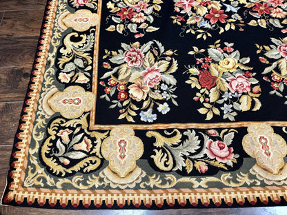 Palace Size Needlepoint Rug 12x16 Handmade Wool Floral Panel Black and Colorful