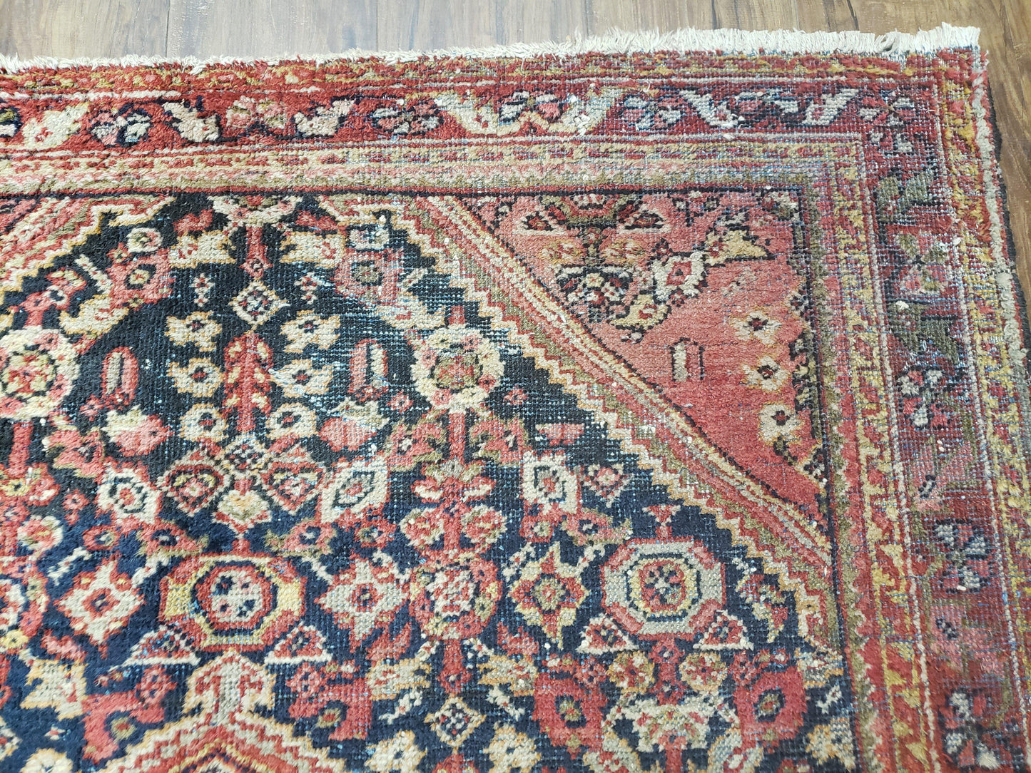 Antique Persian Mahal Area Rug 4.4 x 6.6, Wool Hand-Knotted Shabby Chic Oriental Rug, Red Black 1930s Foyer Room Carpet, Low Pile Boho Rug