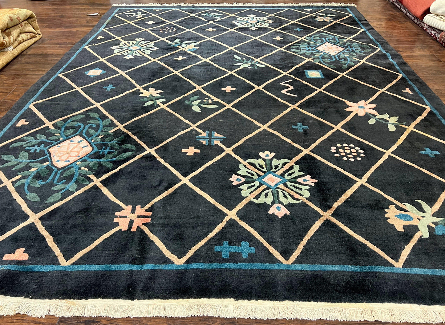 Hand Knotted Tibetan Rug 9x12 Black And Tan Contemporary Nepalese Area Rug