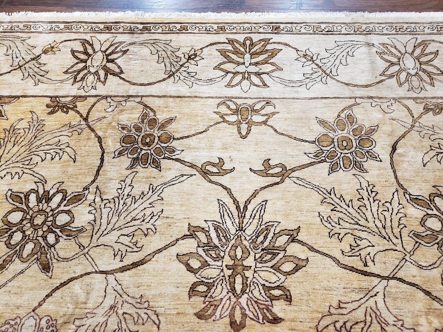 Oversized Peshawar Chobi Oushak Area Rug 11.6 x 12.5, Wool Hand-Knotted Light Gold & Ivory Decorative Pakistani Floral Carpet, 11x12 - 12x13