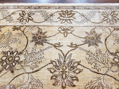 Oversized Peshawar Chobi Oushak Area Rug 11.6 x 12.5, Wool Hand-Knotted Light Gold & Ivory Decorative Pakistani Floral Carpet, 11x12 - 12x13