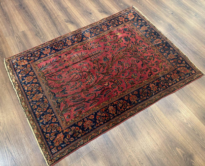 Antique Persian Tree of Life Rug 3x5, Manchester Wool, Bird Pictorials, Fine 240 KPSI, Red Navy Blue