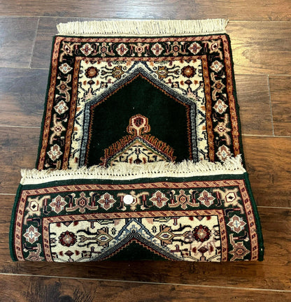 Indo Persian Rug Small Dark Green Hand Knotted Vintage Bidjar Area Rug 2x3