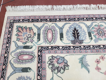 Ivory & Teal Indo Persian Area Rug 9x12, Wool Hand-Knotted Oriental Carpet, 9 x 12 Soft Traditional Living Room Rug, Dining Room Rug