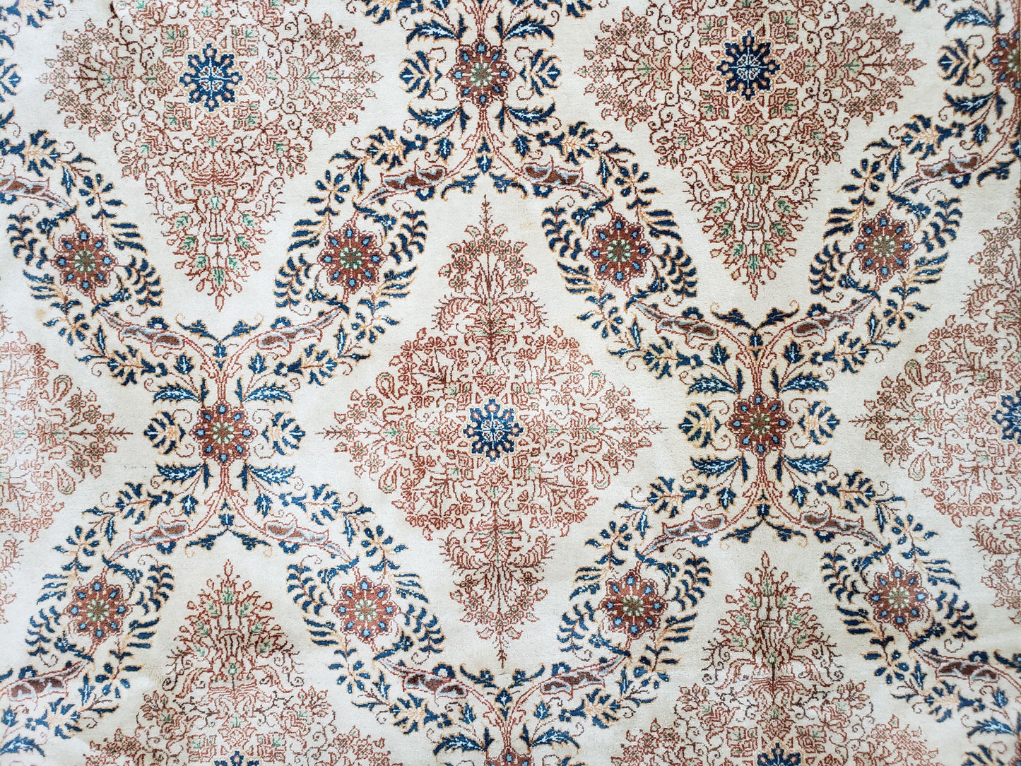 Fine Antique Persian Light Colored Kashan Carpet, 7x12, Top Quality, Rare, Ivory & Blues, Hand-Knotted, Wool