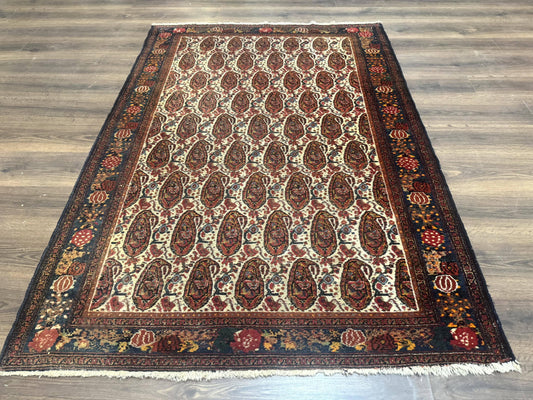 Senneh Rug Antique Persian Kurdish Hand Knotted 4.6 By 6.5 Repeated Paisley Boteh Design