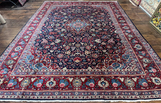 Navy Blue Persian Kashan Rug 9x12 Antique Carpet Wool 200 KPSI