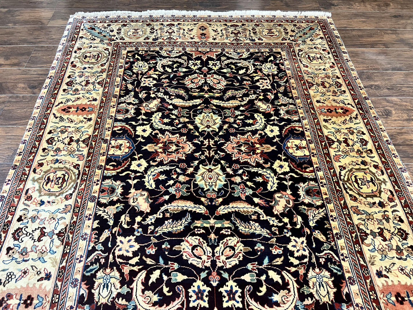 Indo Persian Rug 5x15, Wide Runner Rug 5 x 15 ft, Wool Hand Knotted Vintage Carpet, Black & Cream, Floral Allover Long Oriental Rug