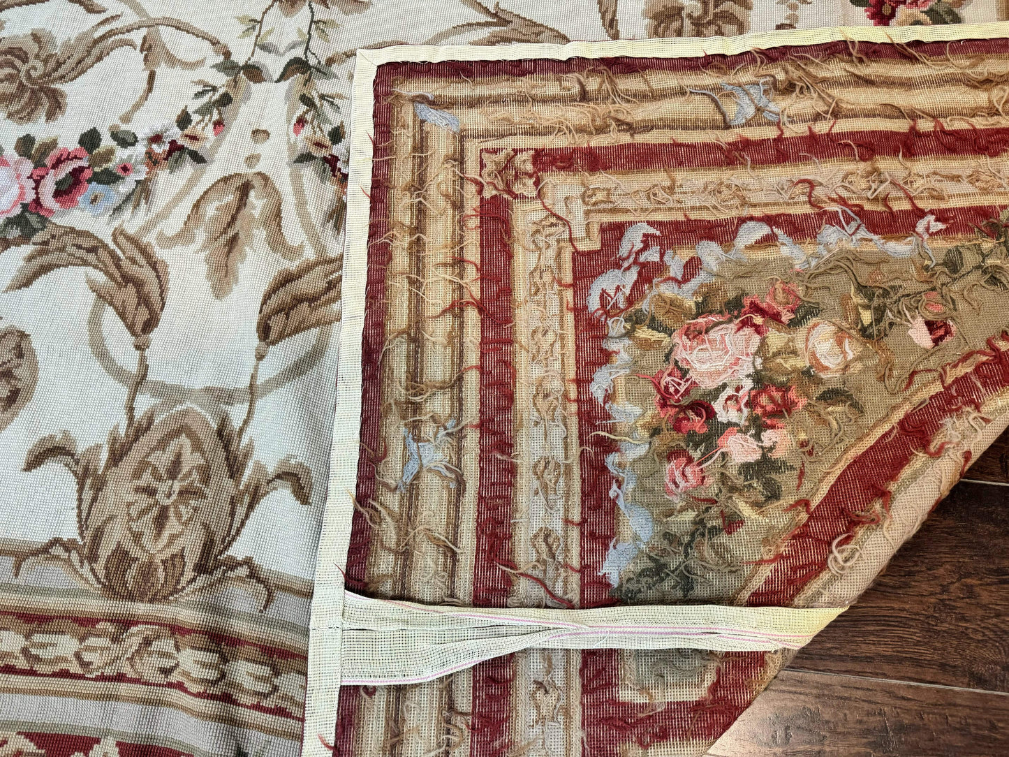 Elegant Aubusson Needlepoint Rug 9x11 Handmade Wool Flatweave Floral Cream