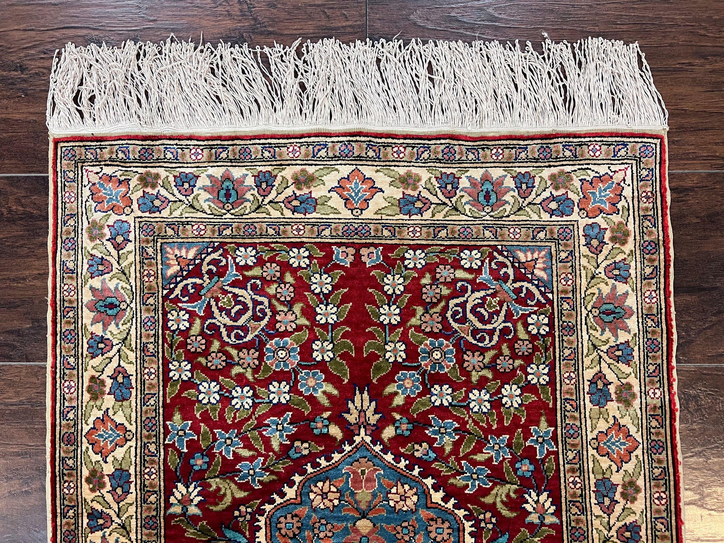 Silk Turkish Kayseri Rug 2x3, Small All Silk Turkish Carpet, Red and Light Blue, Very Fine Hand Knotted Semi Antique Vintage Handmade Rug
