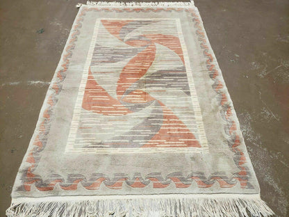 Handmade Chinese Accent Rug 3x5 Silk On Cotton Abstract Contemporary Design Beige And Orange