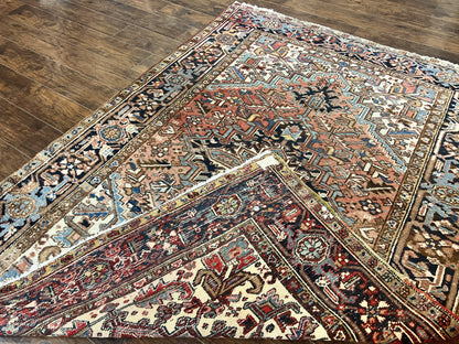 Antique Persian Heriz Rug 6x8, Geometric Medallion, 1920s Oriental Carpet, Handmade Wool Rug