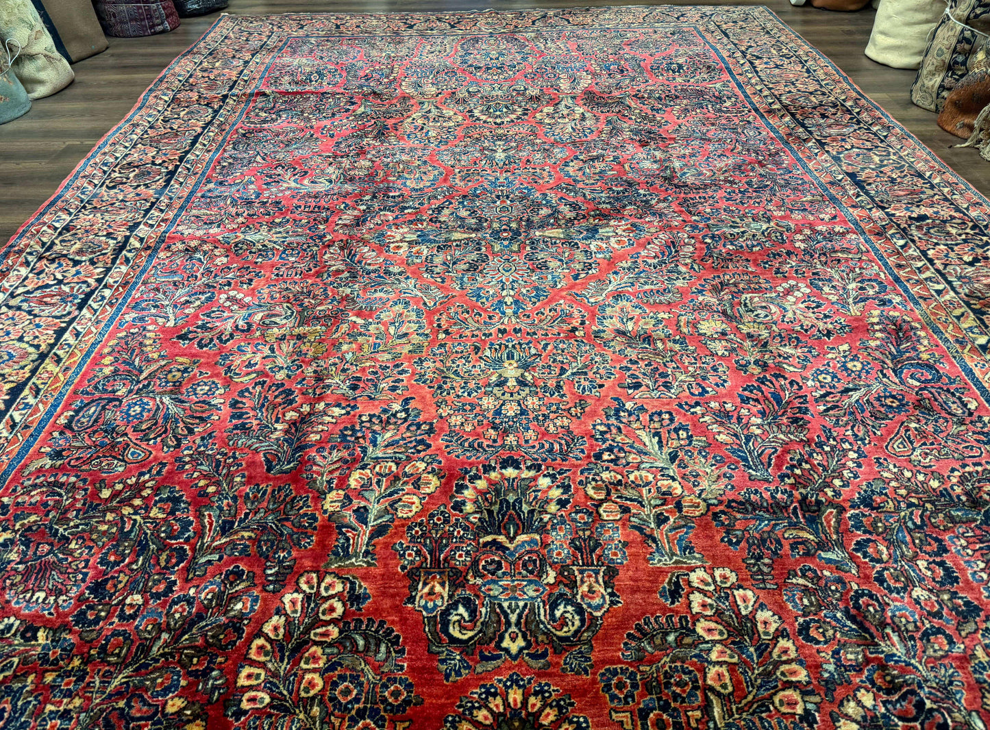 Persian Sarouk Rug 10x16 Palace Size Antique Red Carpet With Floral Medallion