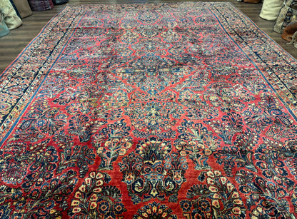 Persian Sarouk Rug 10x16 Palace Size Antique Red Carpet With Floral Medallion