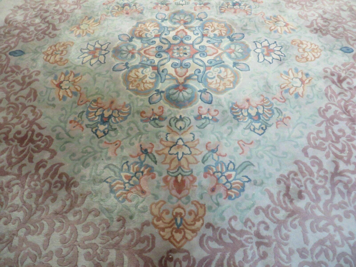 Vintage Handmade Chinese Wool Rug Floral Design 9 by 12 Feet
