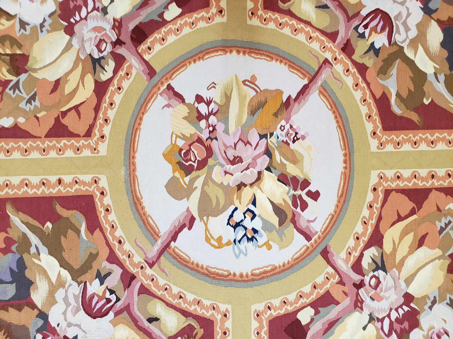 Vintage Chinese Aubusson Savonnerie Flat Pile Rug 9.9 x 14.5 Wool Handwoven Red & Khaki Large Flowers Rug 9x14 - 10x15 Michaelian Kolhberg