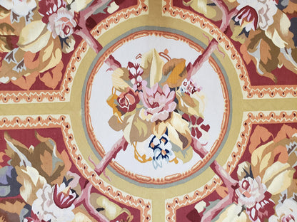 Vintage Chinese Aubusson Savonnerie Flat Pile Rug 9.9 x 14.5 Wool Handwoven Red & Khaki Large Flowers Rug 9x14 - 10x15 Michaelian Kolhberg