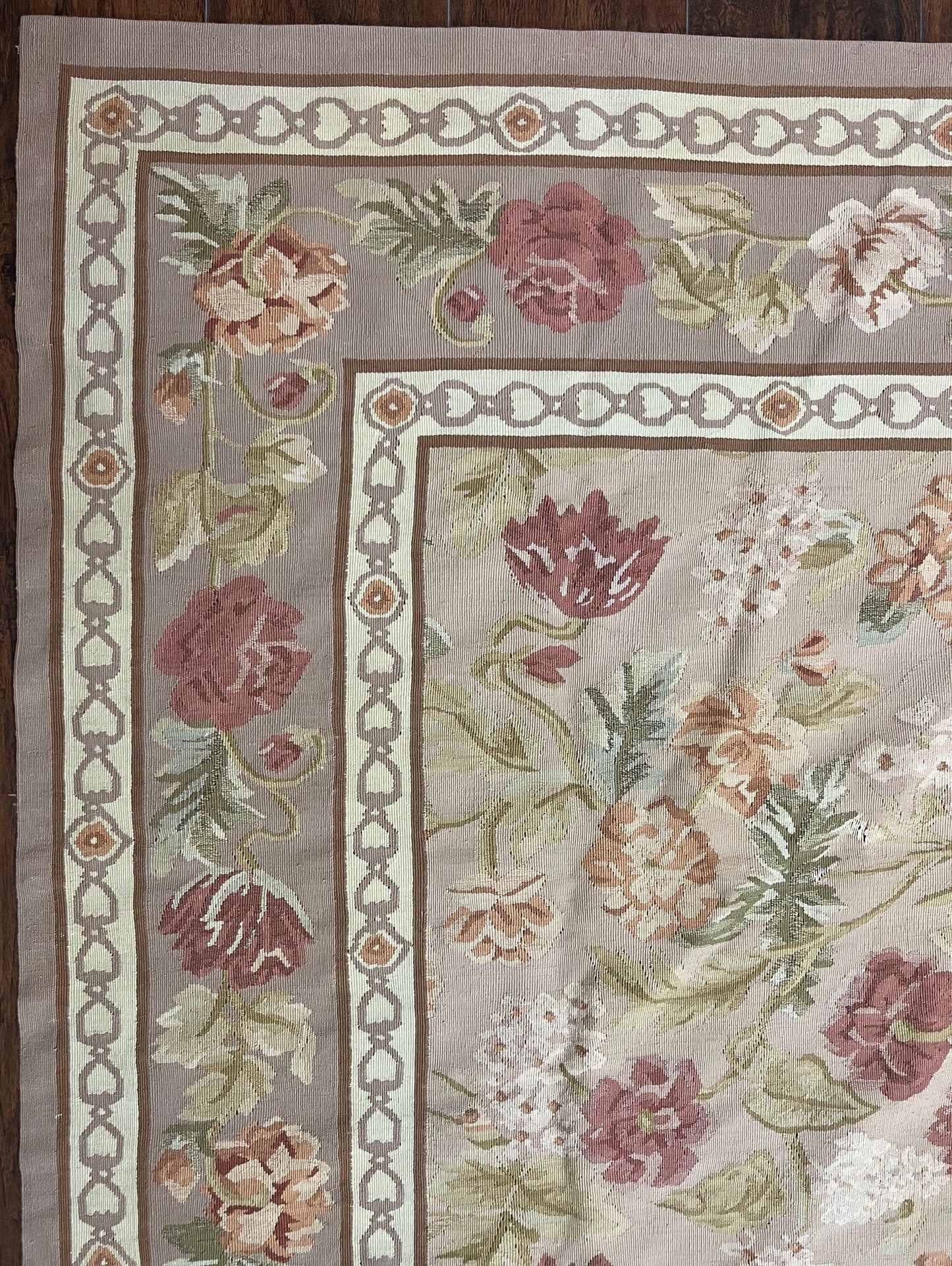 Aubusson Rug 9x12 Wool Handmade Floral Roses Pink Beige Mauve European French Design