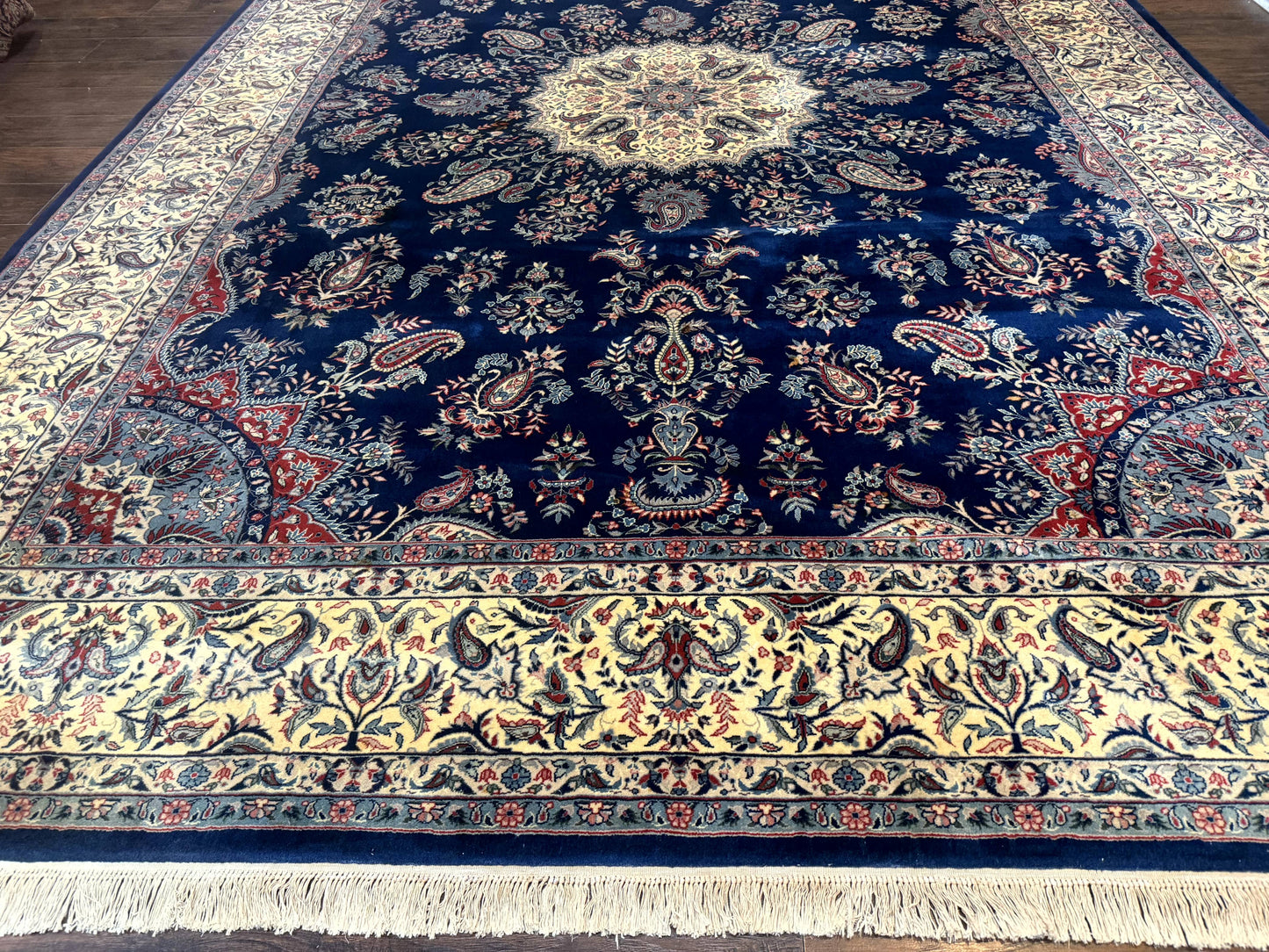 Persian Kerman Rug 10x14 Wool Floral Medallion Handmade Blue And Beige