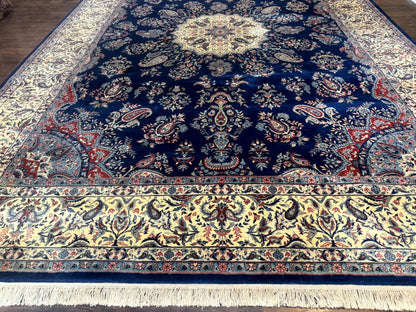 Persian Kerman Rug 10x14 Wool Floral Medallion Handmade Blue And Beige