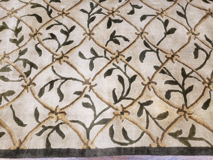 Vintage Tibetan Area Rug 9x12 Hand Knotted Wool Nepali Beige Soft Pile For Living Room