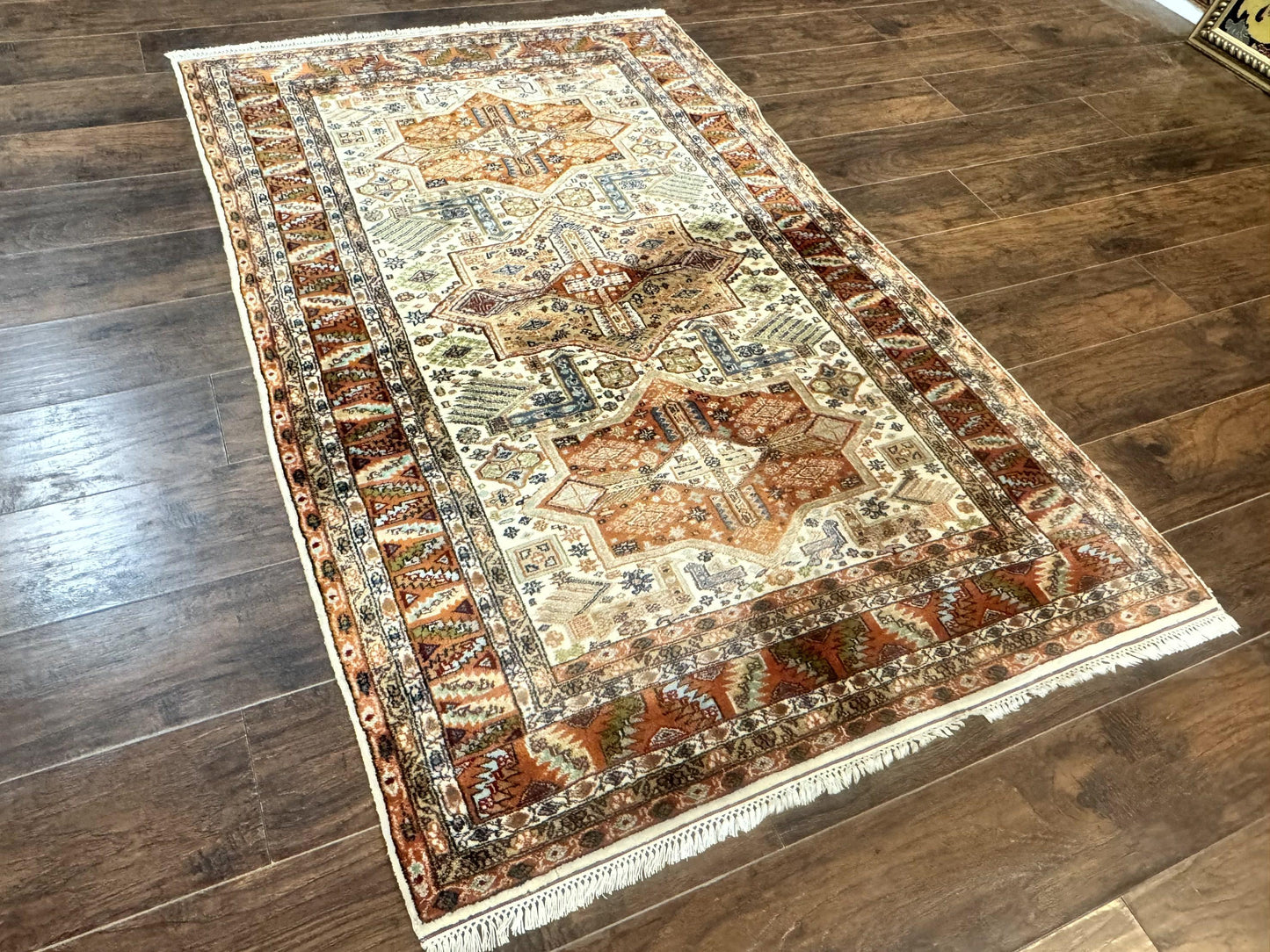 Turkish Kazak Rug 4x6 Geometric Medallions Vintage Hand Knotted Wool Carpet