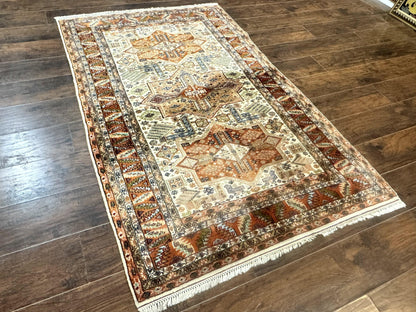 Turkish Kazak Rug 4x6 Geometric Medallions Vintage Hand Knotted Wool Carpet