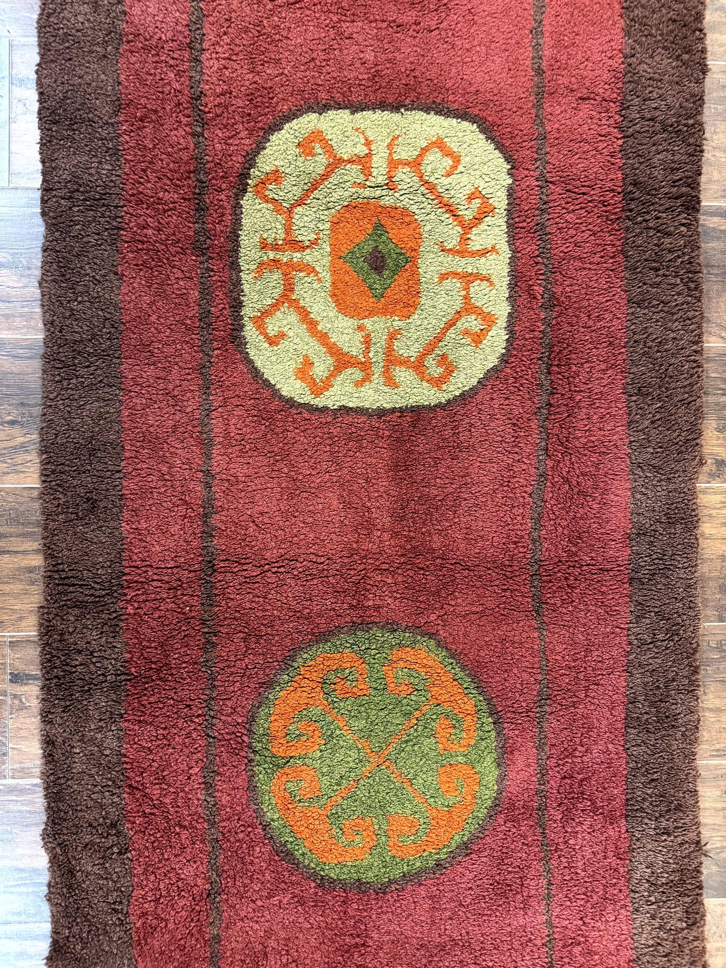 German Hooked Runner Rug 3x8, Vintage, Red, Wool