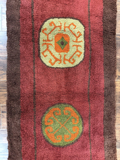 German Hooked Runner Rug 3x8, Vintage, Red, Wool