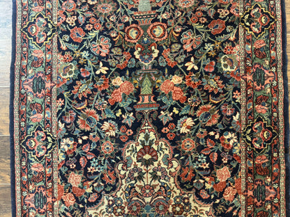 Antique Persian Rug 4x5, Navy Blue 1920s Carpet, Wool, Rare, Fine, Persian Hamadan Bidjar Carpet