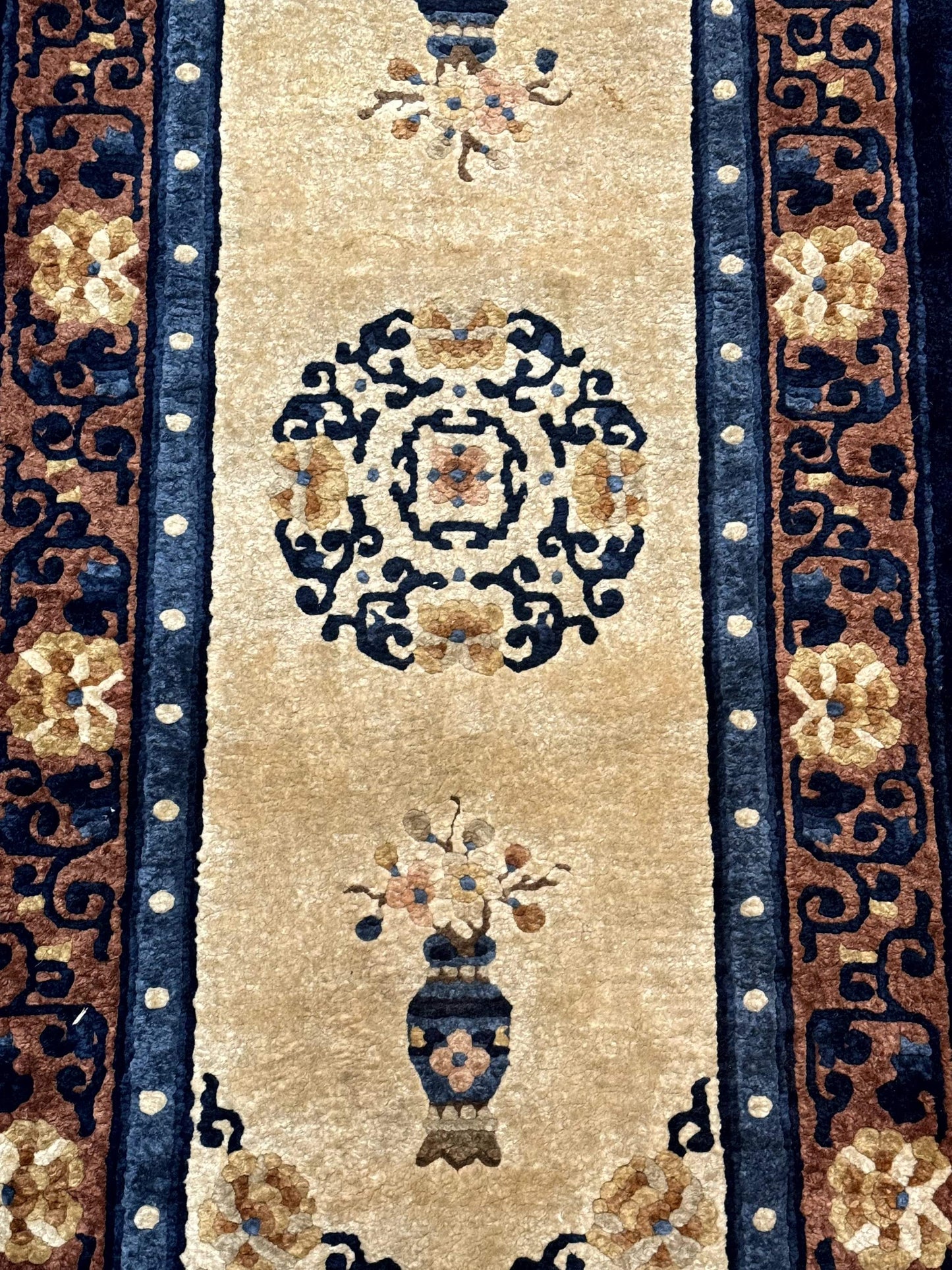 Silk Chinese Rug 2x4 Hand Knotted Peking Carpet In Golden Beige And Blue