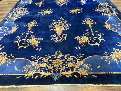 Blue Chinese Art Deco Rug 9x12 Hand Knotted Wool Vintage Rug