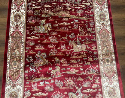 Turkish Silk Hunting Design Rug 4x6 Bamboo Silk Dark Red Ivory