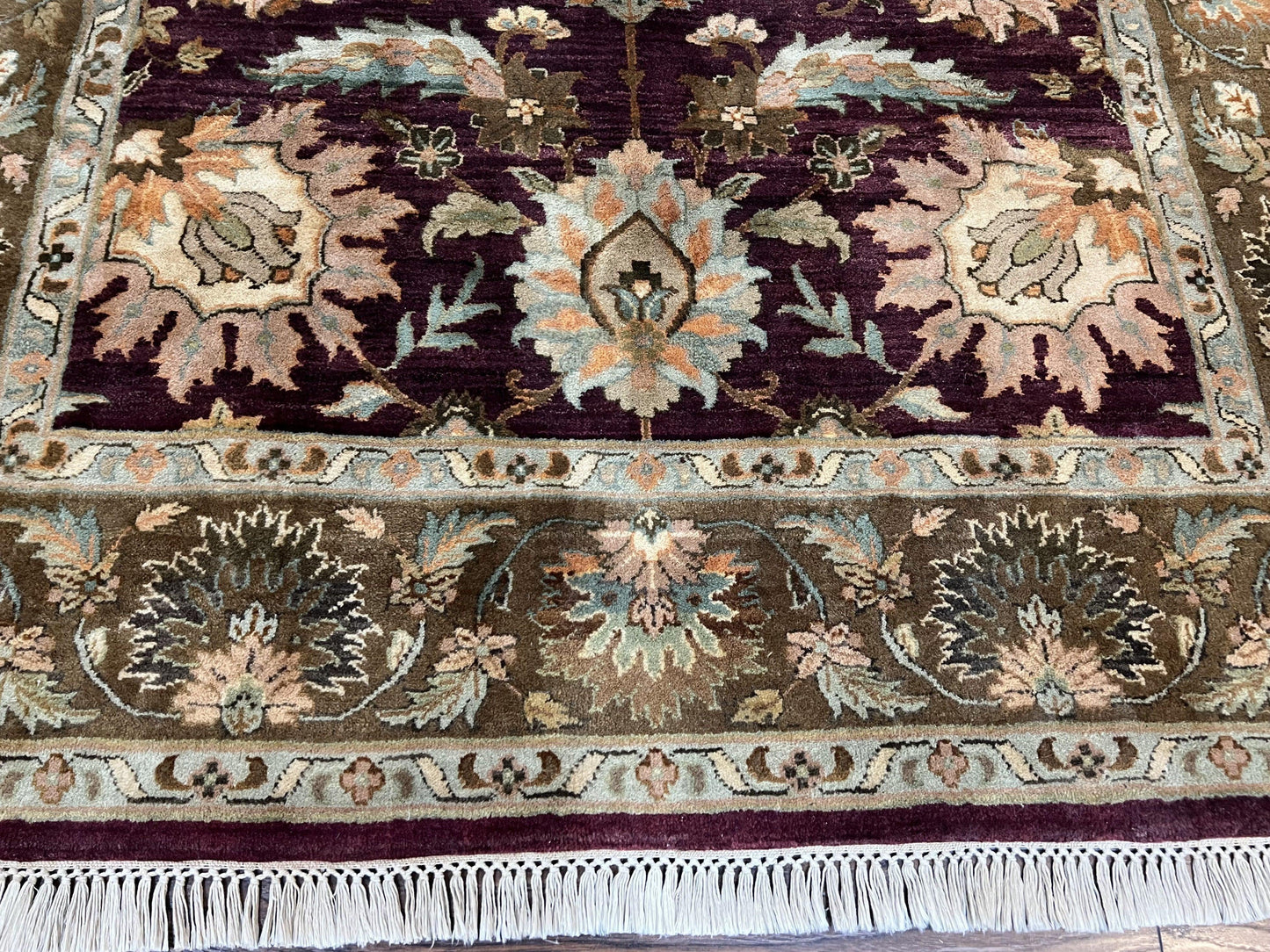 Indo Mahal Rug 6x9, Large Flowers Allover, Maroon and Green, Handmade Wool Area Rug, Vintage Rug, Indian Oriental Carpet, Hand Knotted Rug