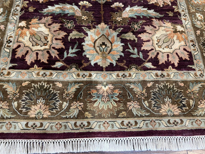Indo Mahal Rug 6x9, Large Flowers Allover, Maroon and Green, Handmade Wool Area Rug, Vintage Rug, Indian Oriental Carpet, Hand Knotted Rug