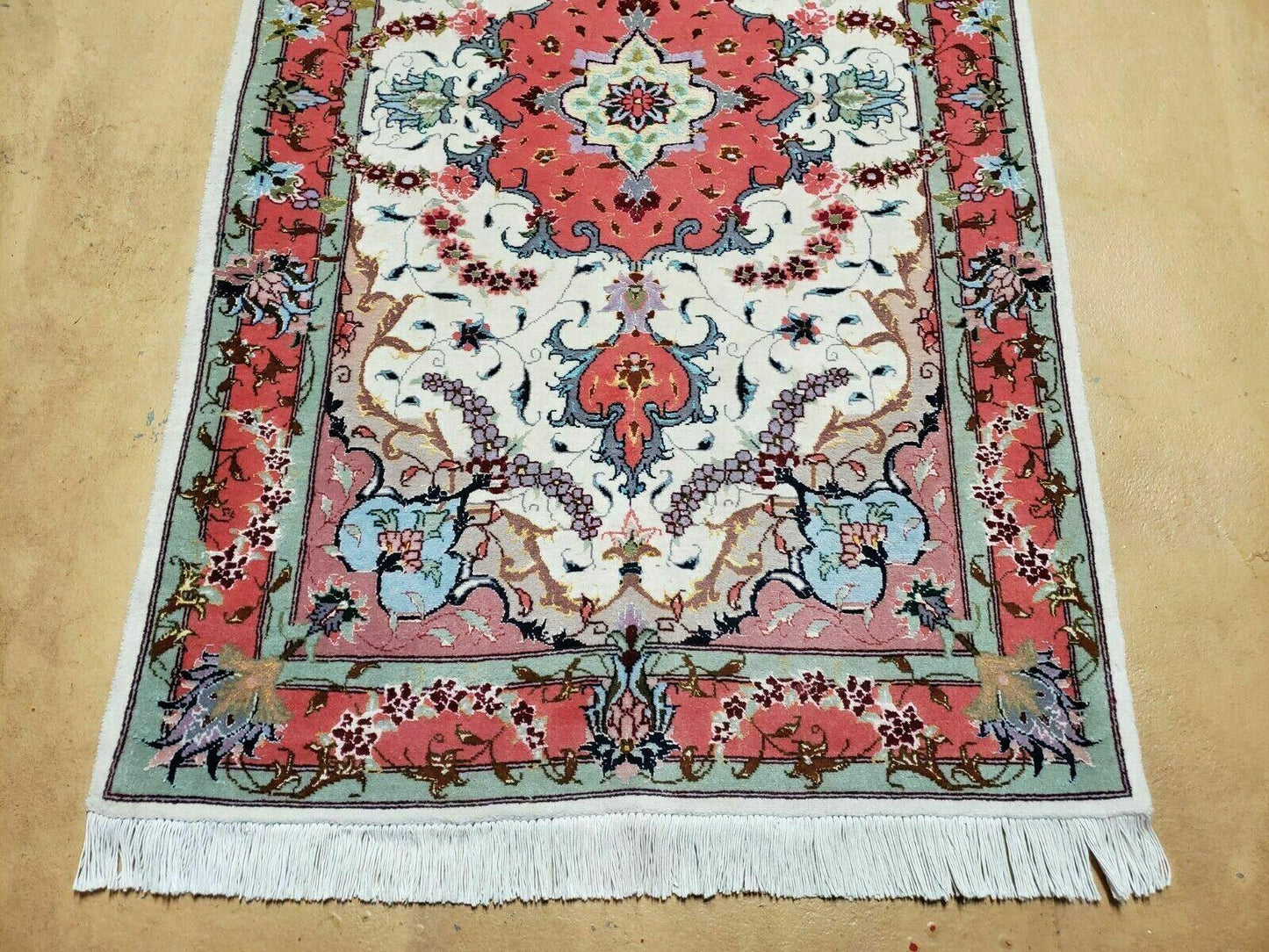 Small Vintage Persian Tabriz Wool and Silk Rug 2.5 x 4 ft, Very Finely Hand Knotted, Medallion, Ivory Salmon Light Blue, Top Quality, Pair B