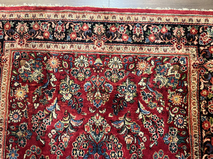 Rare Persian Almost Square Rug 6.3 x 5.3, Hand Knotted Wool Antique 1920s Sarouk Oriental Carpet, Red Navy Blue Beige, Floral Allover, 5x6 Area Rug
