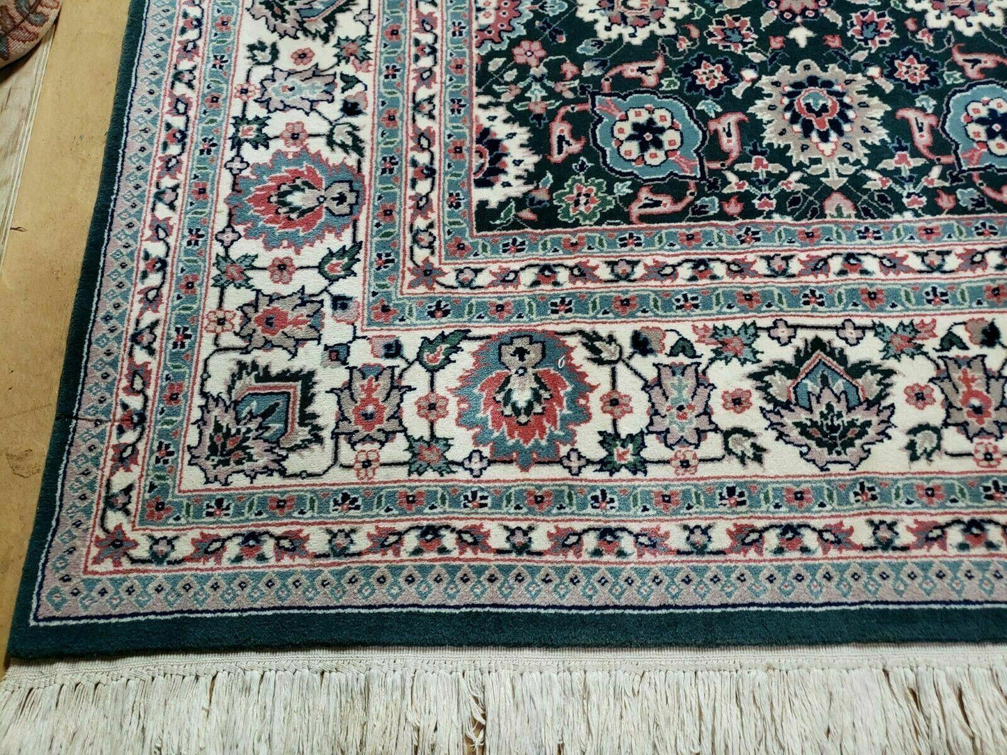 Handmade Indian Wool Rug 8x10 Vintage 1980s Oriental Floral Forest Green Organic Dye