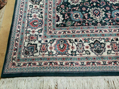 Handmade Indian Wool Rug 8x10 Vintage 1980s Oriental Floral Forest Green Organic Dye