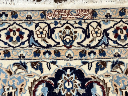 Persian Nain Rug 4x6, Floral, Hand Knotted Vintage Wool & Silk Highlights, Signature from Masterweaver, Navy Blue and Ivory