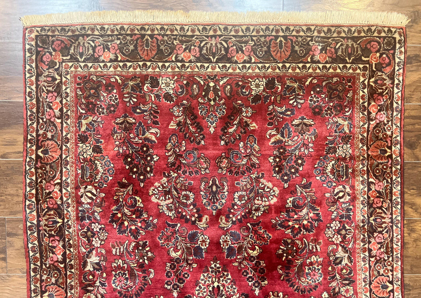Antique Persian Sarouk Rug 4x7, Hand Knotted Wool Red Persian Carpet, Floral