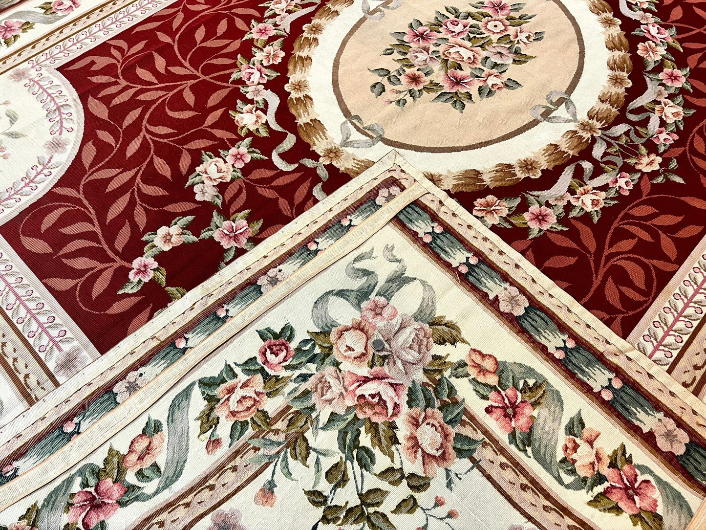 Aubusson Rug Handmade Vintage Needlepoint Carpet 9x12 Red Ivory Wool Elegant European Design