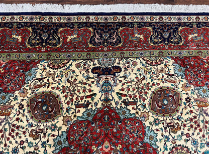 Wonderful Sino Persian Rug 6x10 with Animal Pictorial Motifs, Cream Dark Red Navy Blue, Birds Gazelles, Two Medallions, Top Quality Handmade