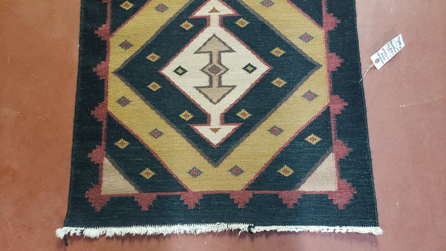 Vintage Indian Kilim Runner Rug, Geometric Flatweave Hand-Knotted Wool Kitchen Hallway Runner, Black Gold & Beige, 2' 8" x 9' 9"