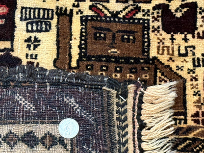 Persian Baluch Tribal Rug 4x6 Vintage Wool With Human And Bird Pictorials