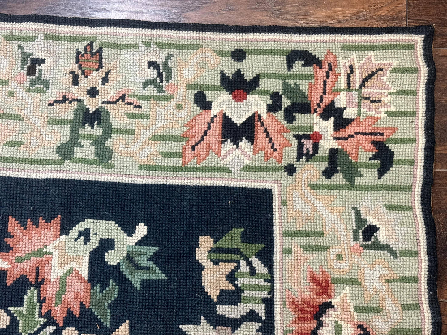 Vintage American Needlepoint Rug 4x6 Dark Green Wool Handmade Flatweave Carpet