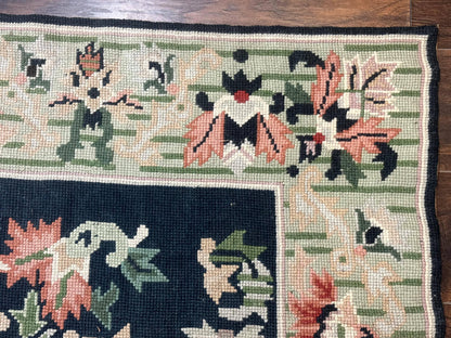 Vintage American Needlepoint Rug 4x6 Dark Green Wool Handmade Flatweave Carpet